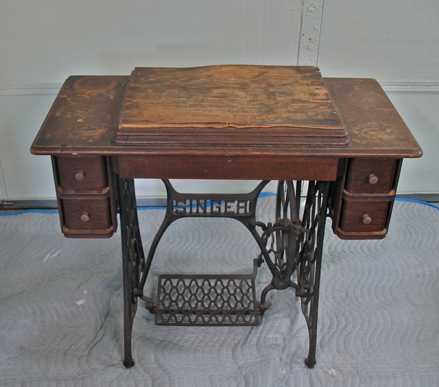 antique sewing machine table, bad finish